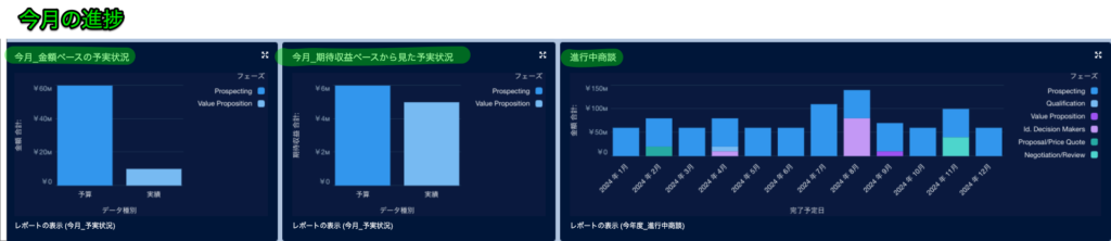 予実管理サンプルダッシュボードの今月の進捗画面